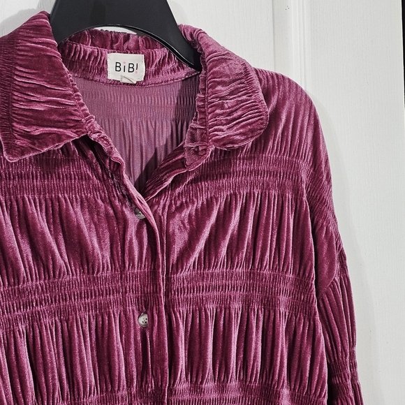 Bibi Women’s Metallic Pink Velvet Button Down Shirt Ruched Long Sleeve Sz Small - Picture 5 of 14